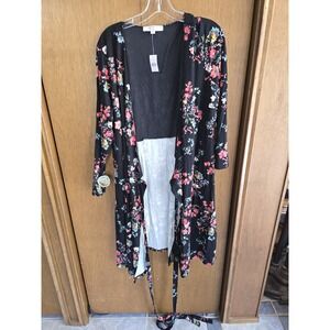 Loft Open Front Ribbed Cardigan Size 18 Flower  Hip Length Stretch